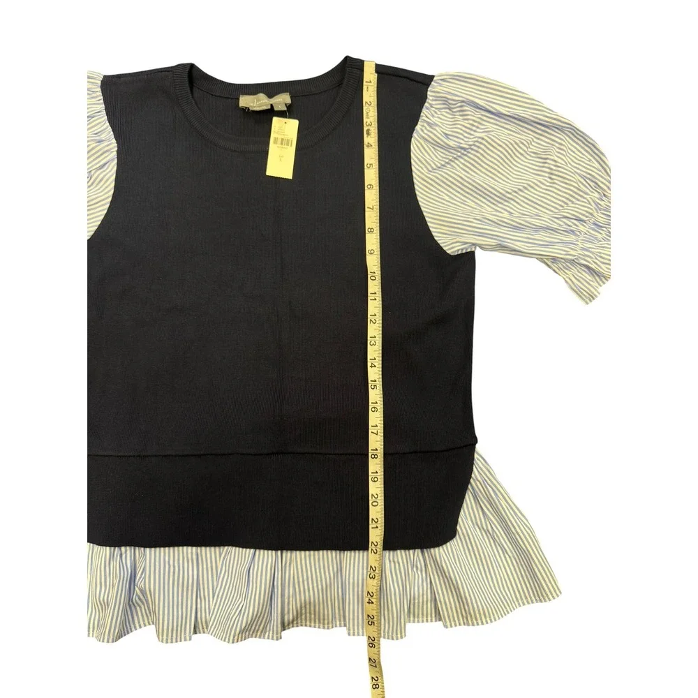 Anthropologie Mixed Media Top Women L Navy Blue NWT Puff Sleeve Peplum Sweater